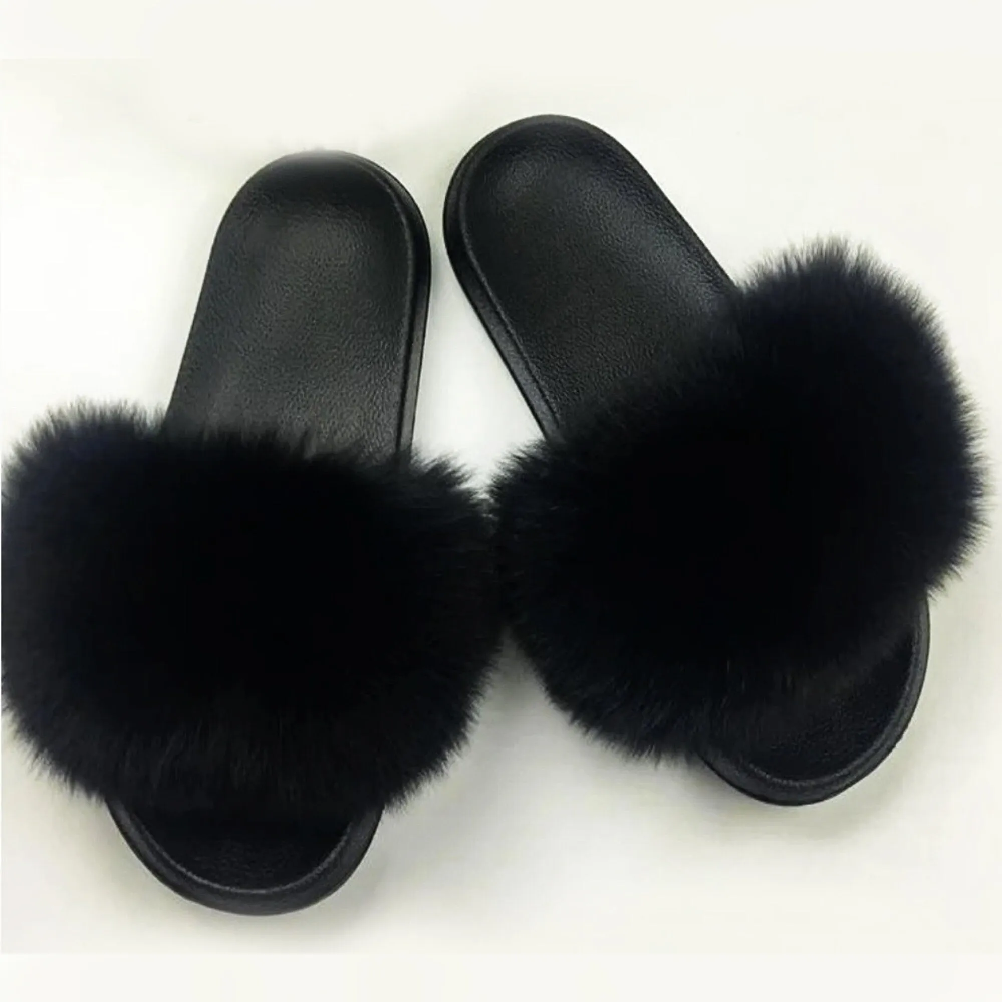 BY ORDER Black Real Fox Fur Slippers Women Girl Beach Large Finnish Fox Fur Sandals Summer Slides Fashion Fluffy Shoes Flip Flops Leather