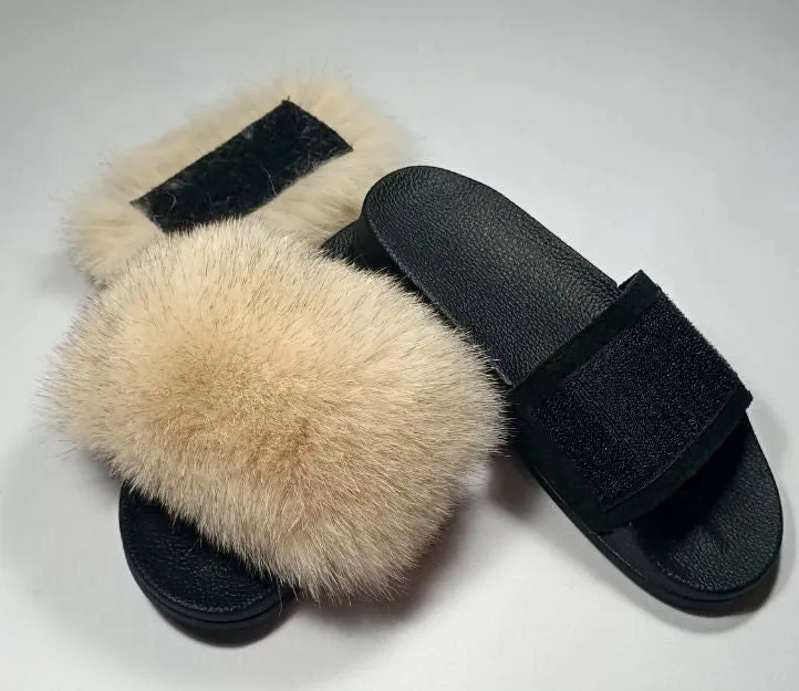 BY ORDER Changing Colors Real Fox Fur Slides with Velcro Women Leather Beach Large  Fox Fur Sandals Summer Slippers Fluffy Shoes Flip Flops