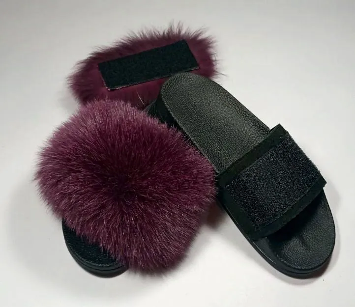 BY ORDER Changing Colors Real Fox Fur Slides with Velcro Women Leather Beach Large  Fox Fur Sandals Summer Slippers Fluffy Shoes Flip Flops