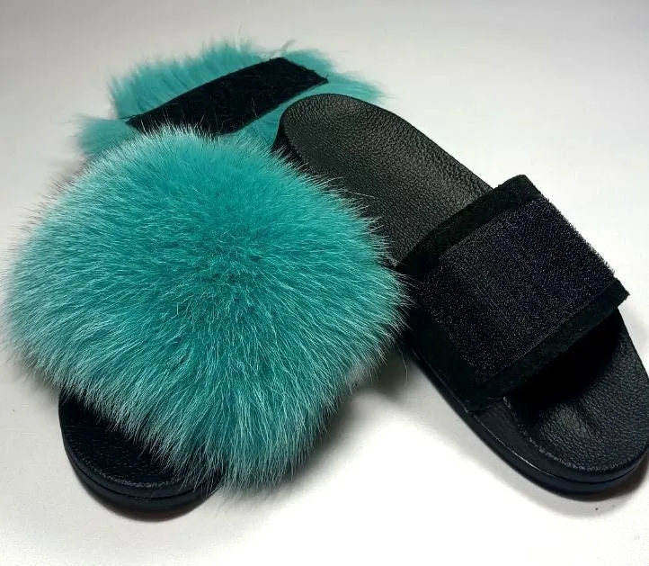 BY ORDER Changing Colors Real Fox Fur Slides with Velcro Women Leather Beach Large  Fox Fur Sandals Summer Slippers Fluffy Shoes Flip Flops