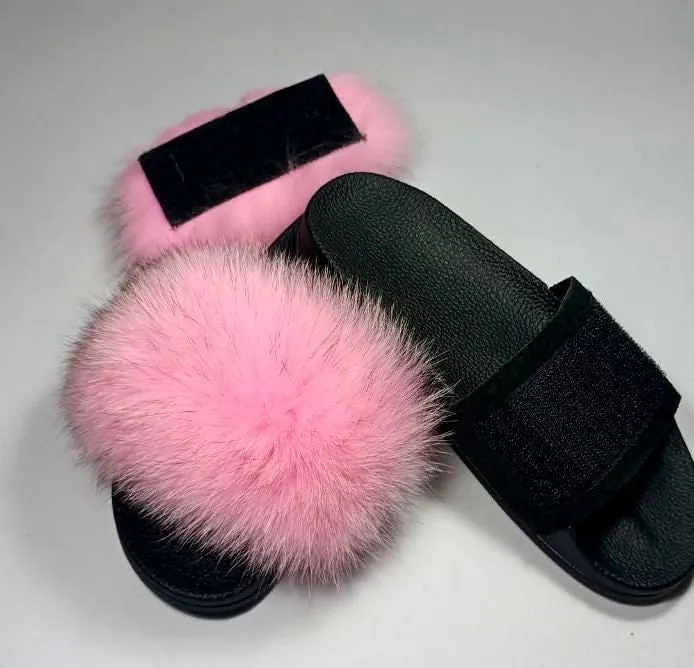 BY ORDER Changing Colors Real Fox Fur Slides with Velcro Women Leather Beach Large  Fox Fur Sandals Summer Slippers Fluffy Shoes Flip Flops