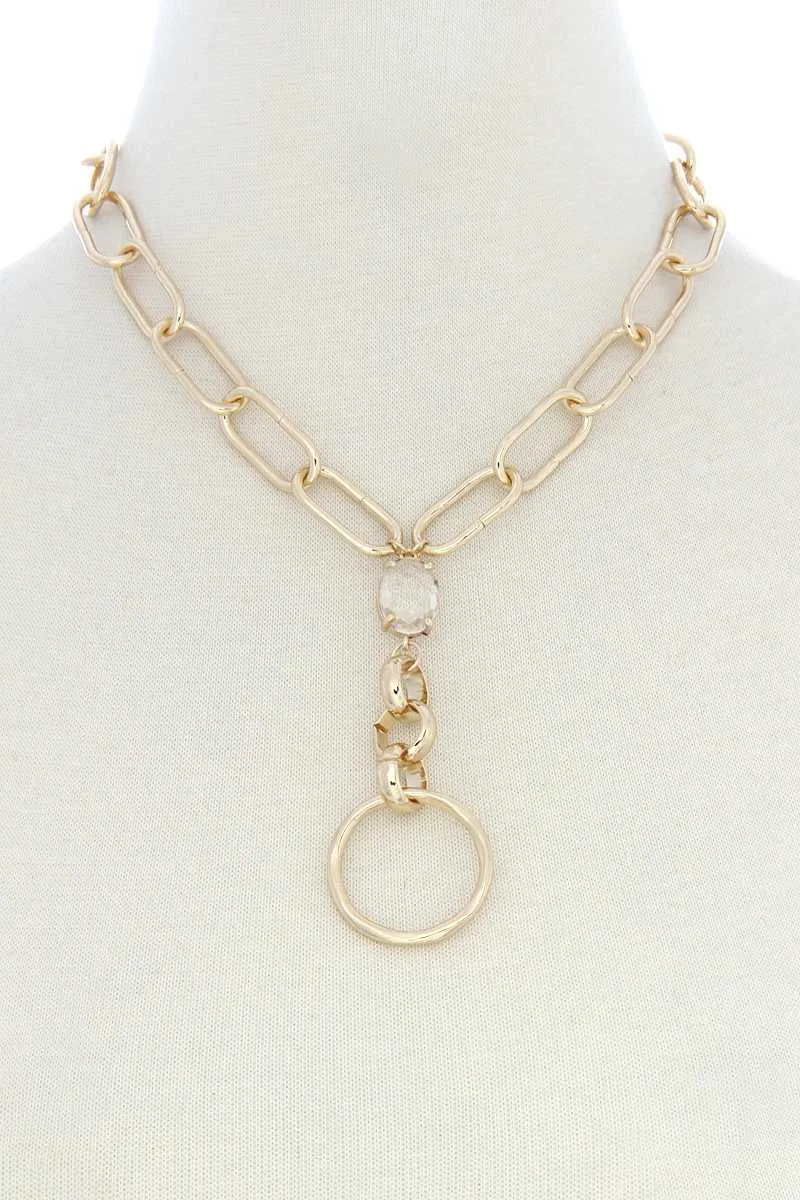 Circle Pendant Oval Link Y Shape Metal Necklace