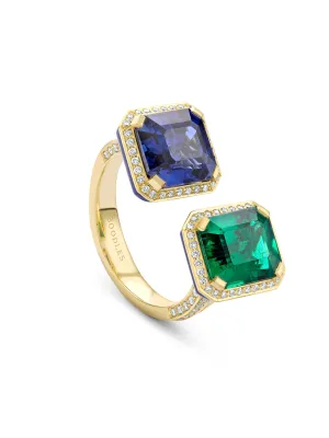 Classic Gemini Emerald and Sapphire Yellow Gold Ring