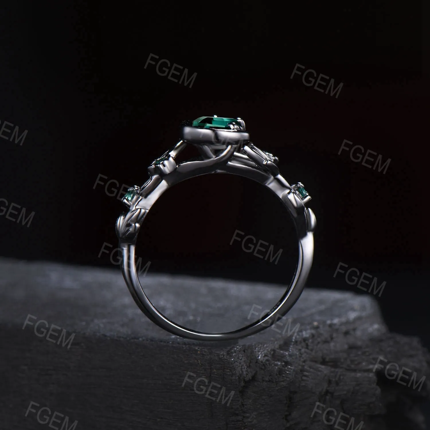 Crescent Moon Black Gold Ring Round Emerald Engagement Ring Nature Style Twig Leaf Emerald Wedding Ring May Birthstone Jewelry Promise Gifts