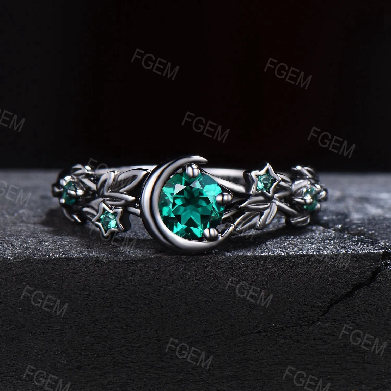 Crescent Moon Black Gold Ring Round Emerald Engagement Ring Nature Style Twig Leaf Emerald Wedding Ring May Birthstone Jewelry Promise Gifts