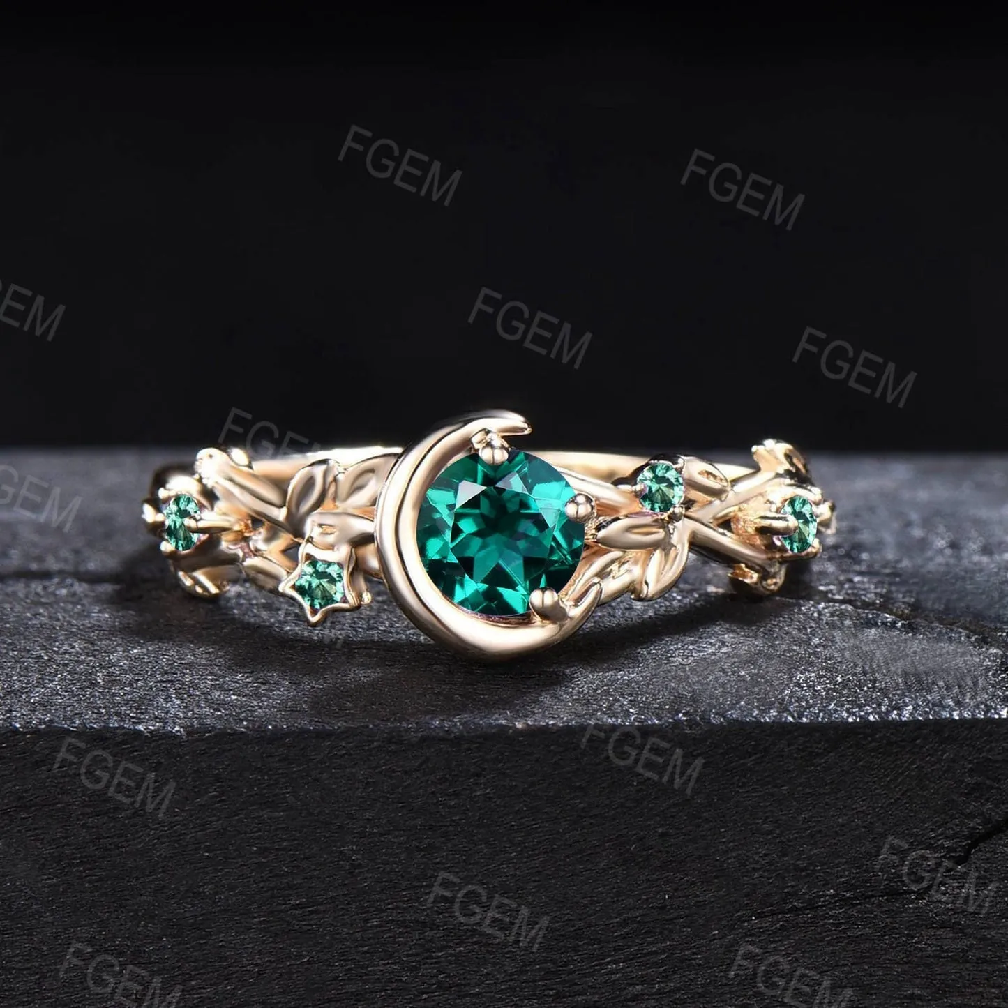 Crescent Moon Black Gold Ring Round Emerald Engagement Ring Nature Style Twig Leaf Emerald Wedding Ring May Birthstone Jewelry Promise Gifts