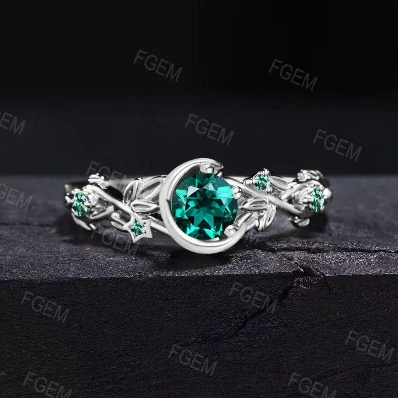 Crescent Moon Black Gold Ring Round Emerald Engagement Ring Nature Style Twig Leaf Emerald Wedding Ring May Birthstone Jewelry Promise Gifts