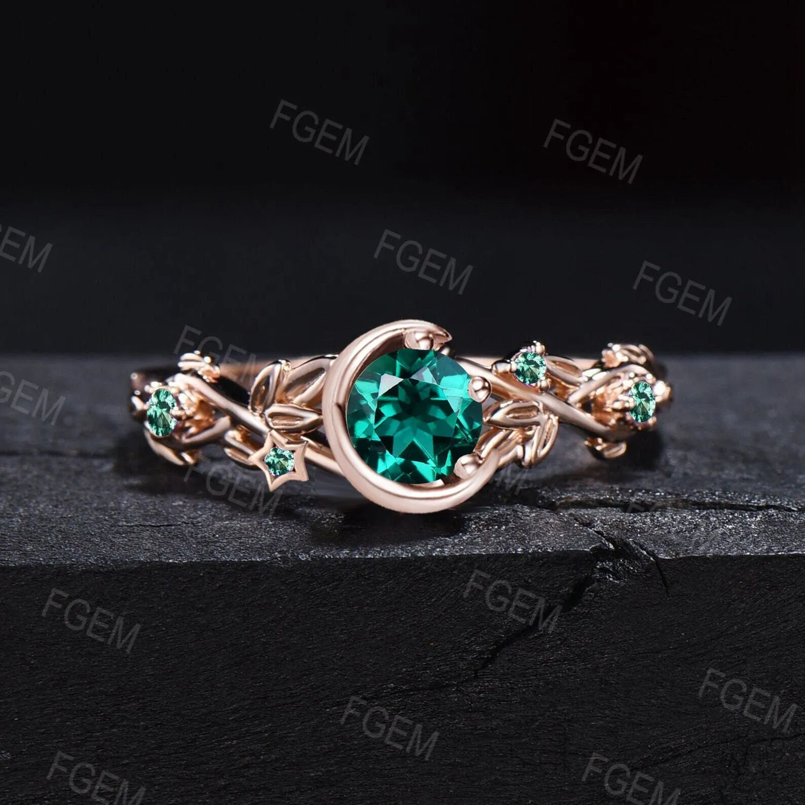 Crescent Moon Black Gold Ring Round Emerald Engagement Ring Nature Style Twig Leaf Emerald Wedding Ring May Birthstone Jewelry Promise Gifts