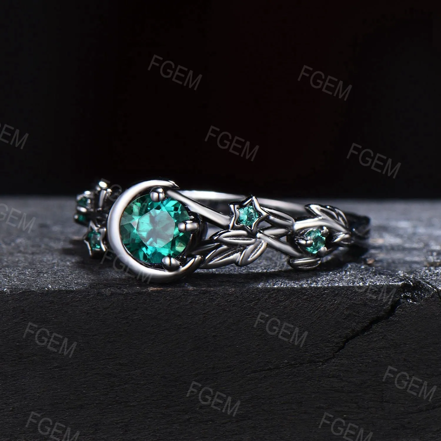 Crescent Moon Black Gold Ring Round Emerald Engagement Ring Nature Style Twig Leaf Emerald Wedding Ring May Birthstone Jewelry Promise Gifts