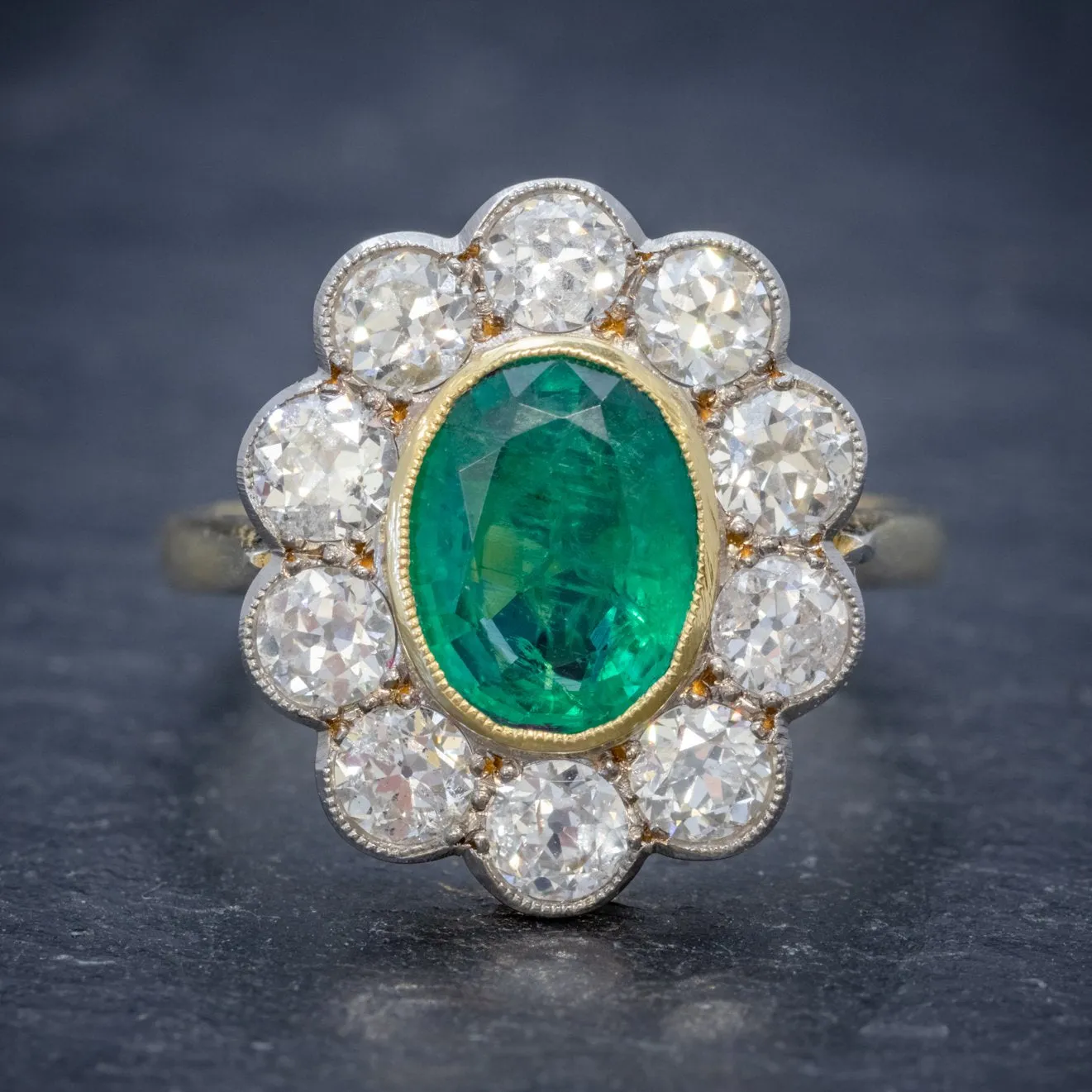 Edwardian Style Emerald Diamond Cluster Ring 18ct Gold 1.80ct Emerald