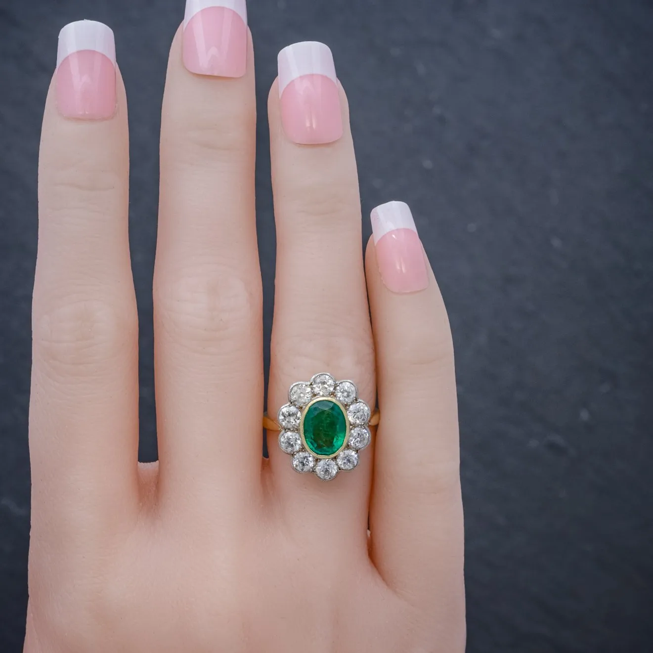 Edwardian Style Emerald Diamond Cluster Ring 18ct Gold 1.80ct Emerald