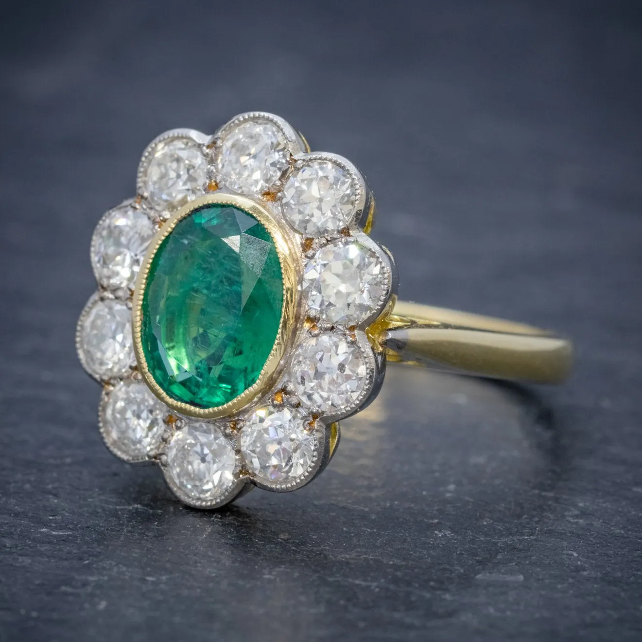 Edwardian Style Emerald Diamond Cluster Ring 18ct Gold 1.80ct Emerald