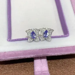 Elegant Natural Butterfly Stud Earrings with Pear-Shaped Tanzanite and CZ - 925 Silver - Perfect for Women - 4x6 mm Tanzanite from Tanzania - Heated Treatment - Dimensions: 1x1 cm