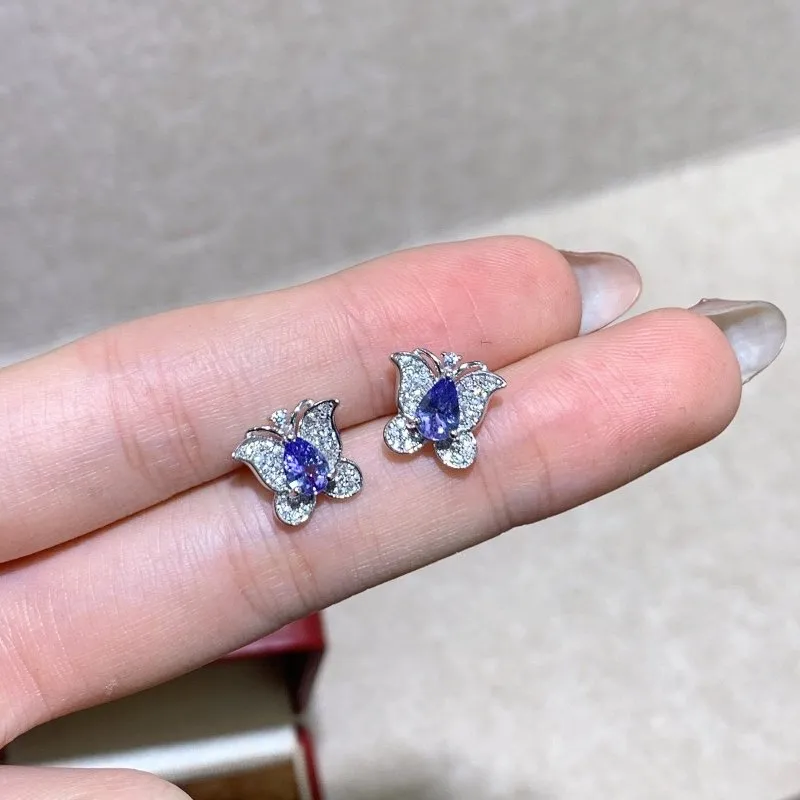 Elegant Natural Butterfly Stud Earrings with Pear-Shaped Tanzanite and CZ - 925 Silver - Perfect for Women - 4x6 mm Tanzanite from Tanzania - Heated Treatment - Dimensions: 1x1 cm