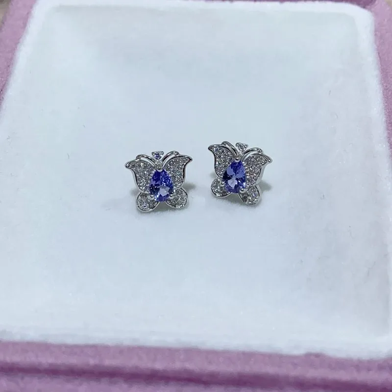 Elegant Natural Butterfly Stud Earrings with Pear-Shaped Tanzanite and CZ - 925 Silver - Perfect for Women - 4x6 mm Tanzanite from Tanzania - Heated Treatment - Dimensions: 1x1 cm