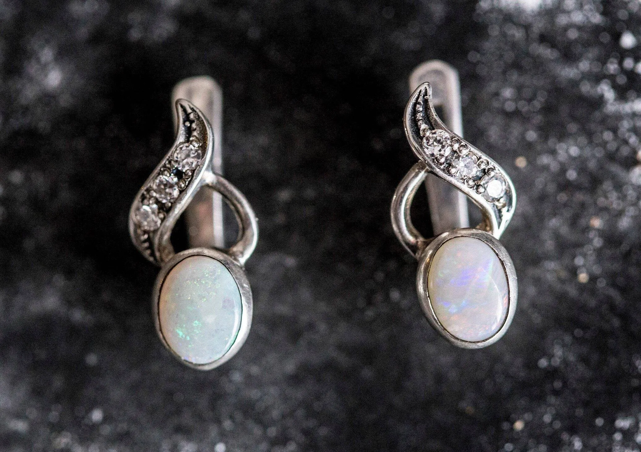 Elegant Opal Earrings - White Bezel Earrings - Vintage Drop Earrings