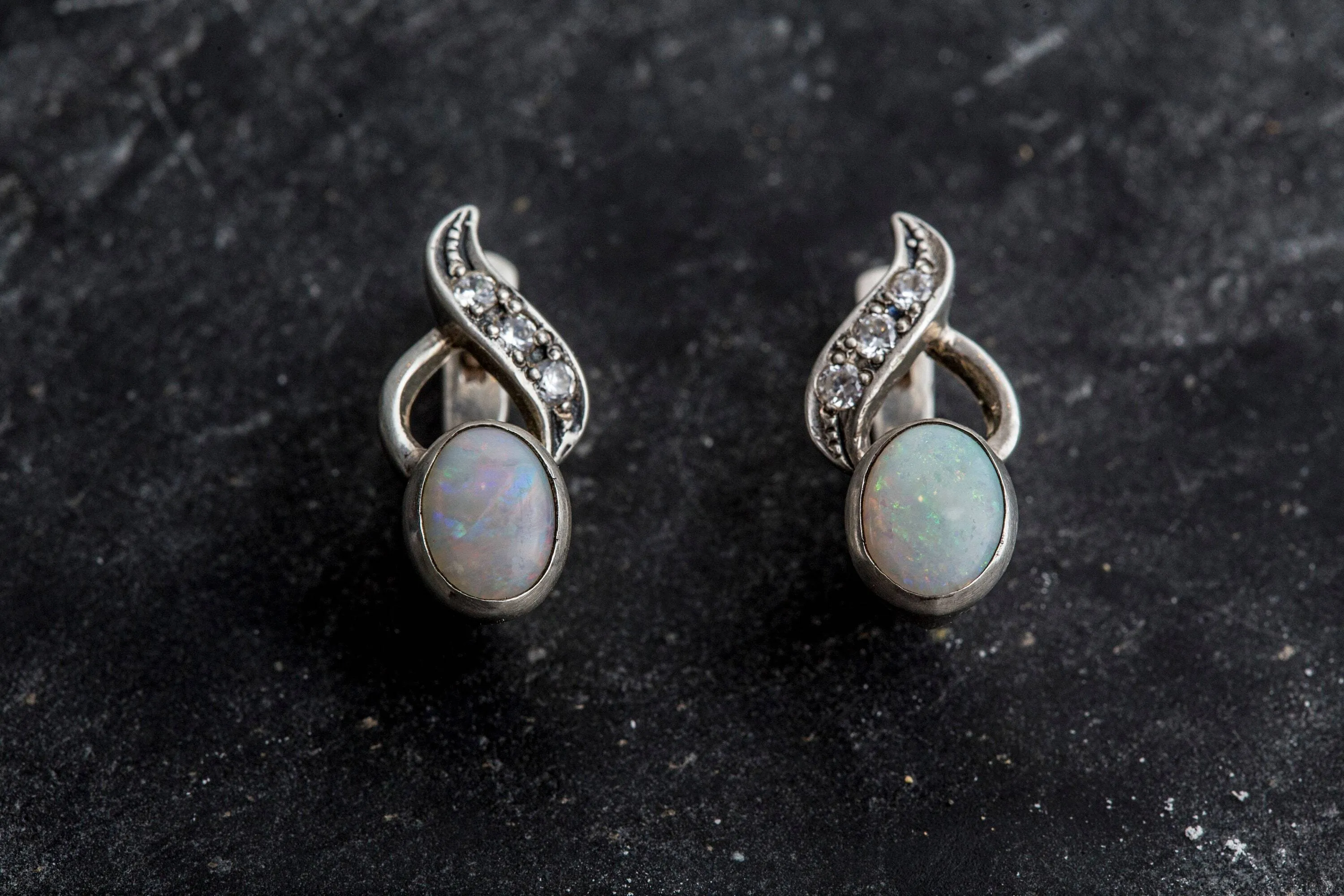 Elegant Opal Earrings - White Bezel Earrings - Vintage Drop Earrings