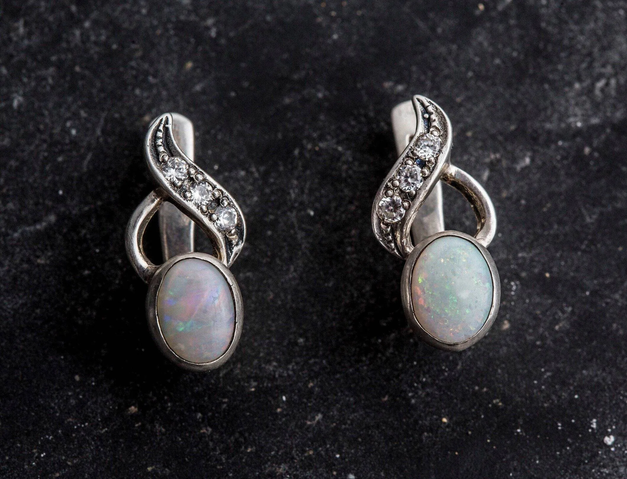 Elegant Opal Earrings - White Bezel Earrings - Vintage Drop Earrings