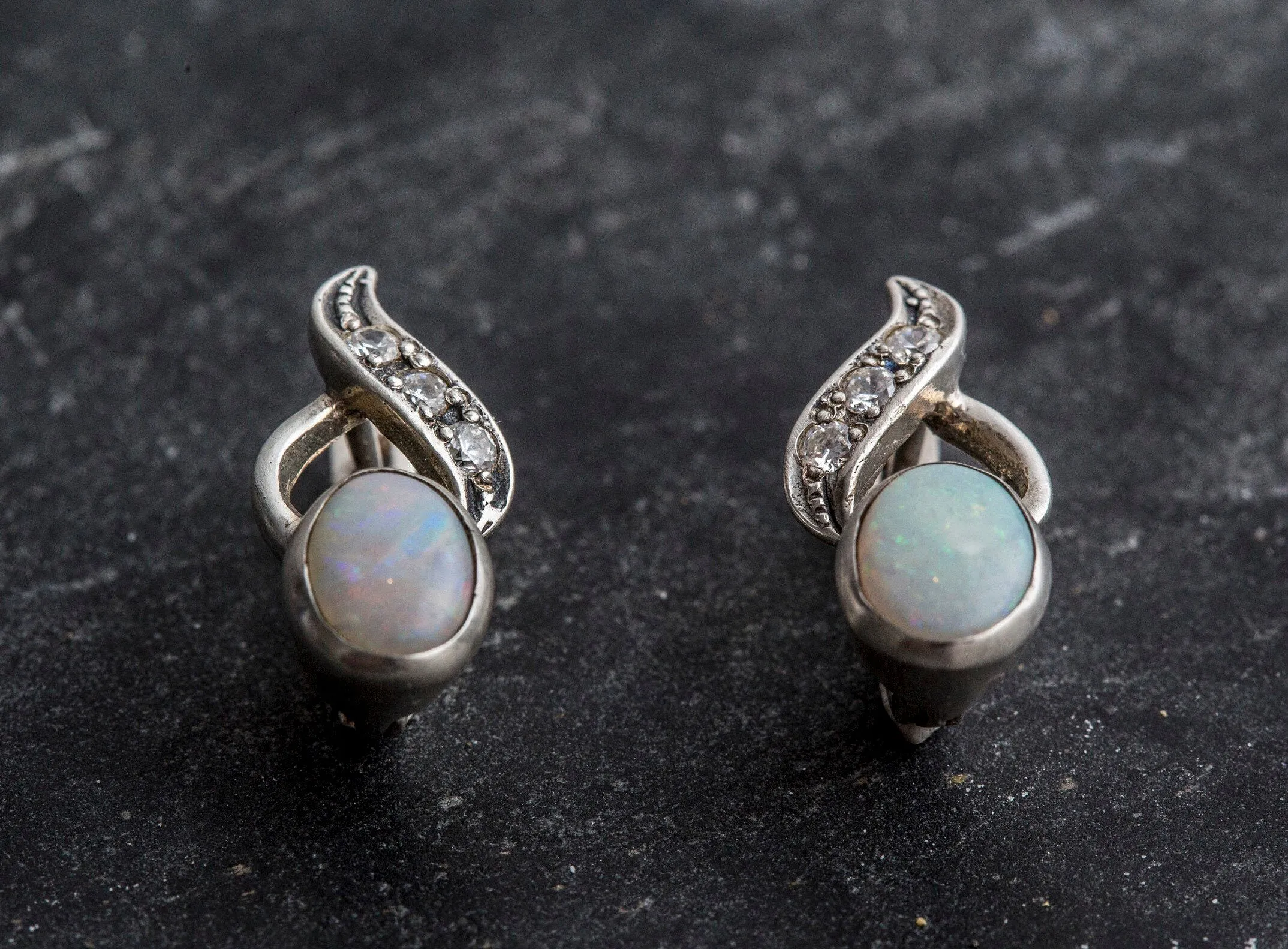 Elegant Opal Earrings - White Bezel Earrings - Vintage Drop Earrings