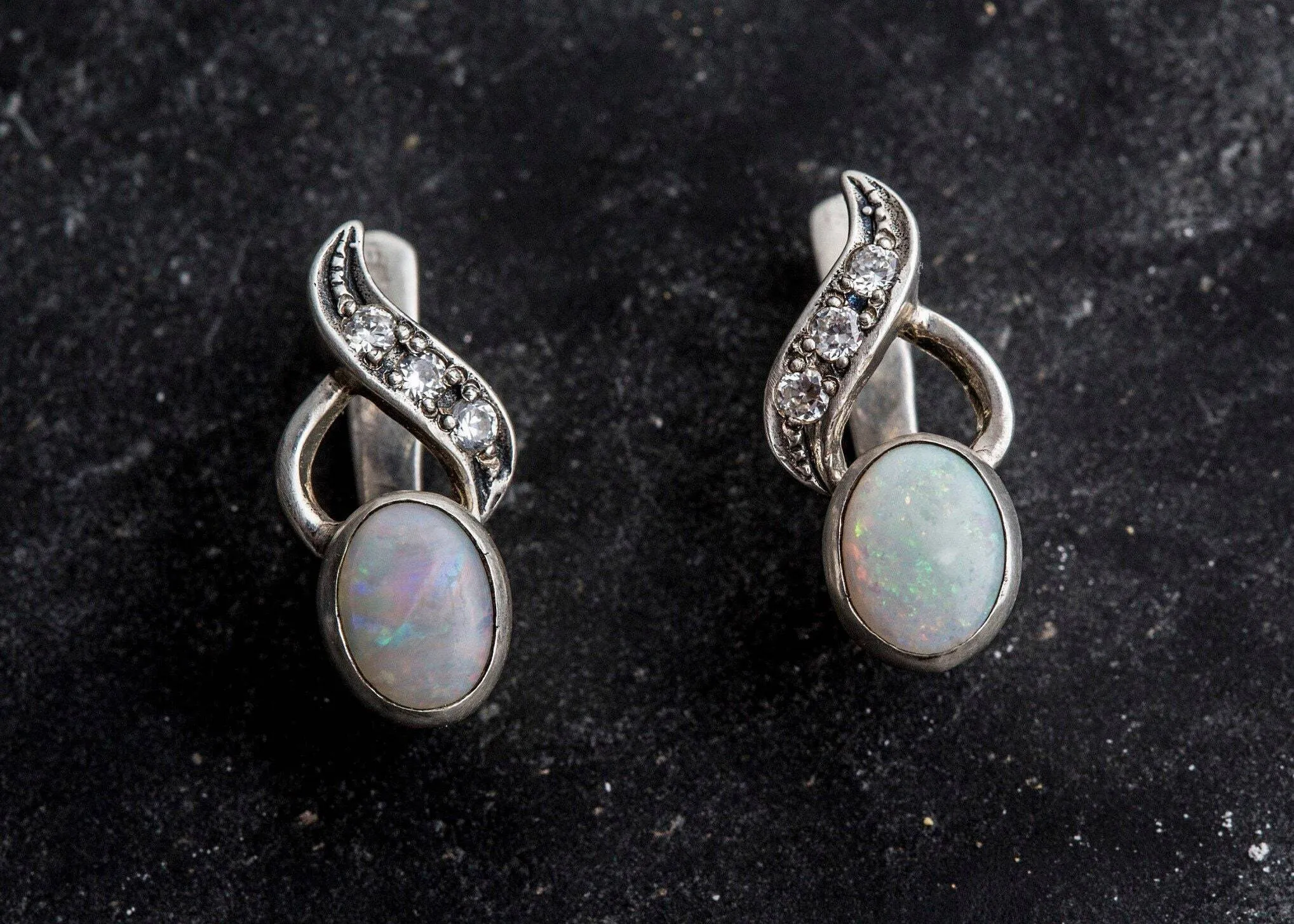 Elegant Opal Earrings - White Bezel Earrings - Vintage Drop Earrings