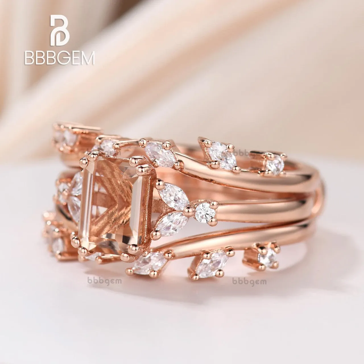 Emerald Cut Natural Morganite Enhancer Ring Set in 14K Rose Gold Marquise Curve Diamond Enhancer Wedding Band