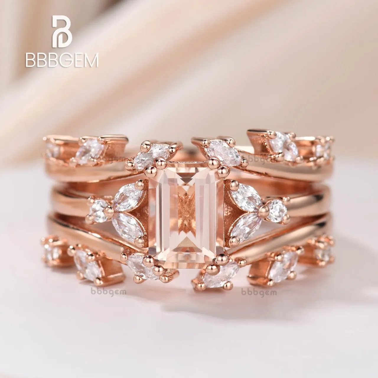 Emerald Cut Natural Morganite Enhancer Ring Set in 14K Rose Gold Marquise Curve Diamond Enhancer Wedding Band