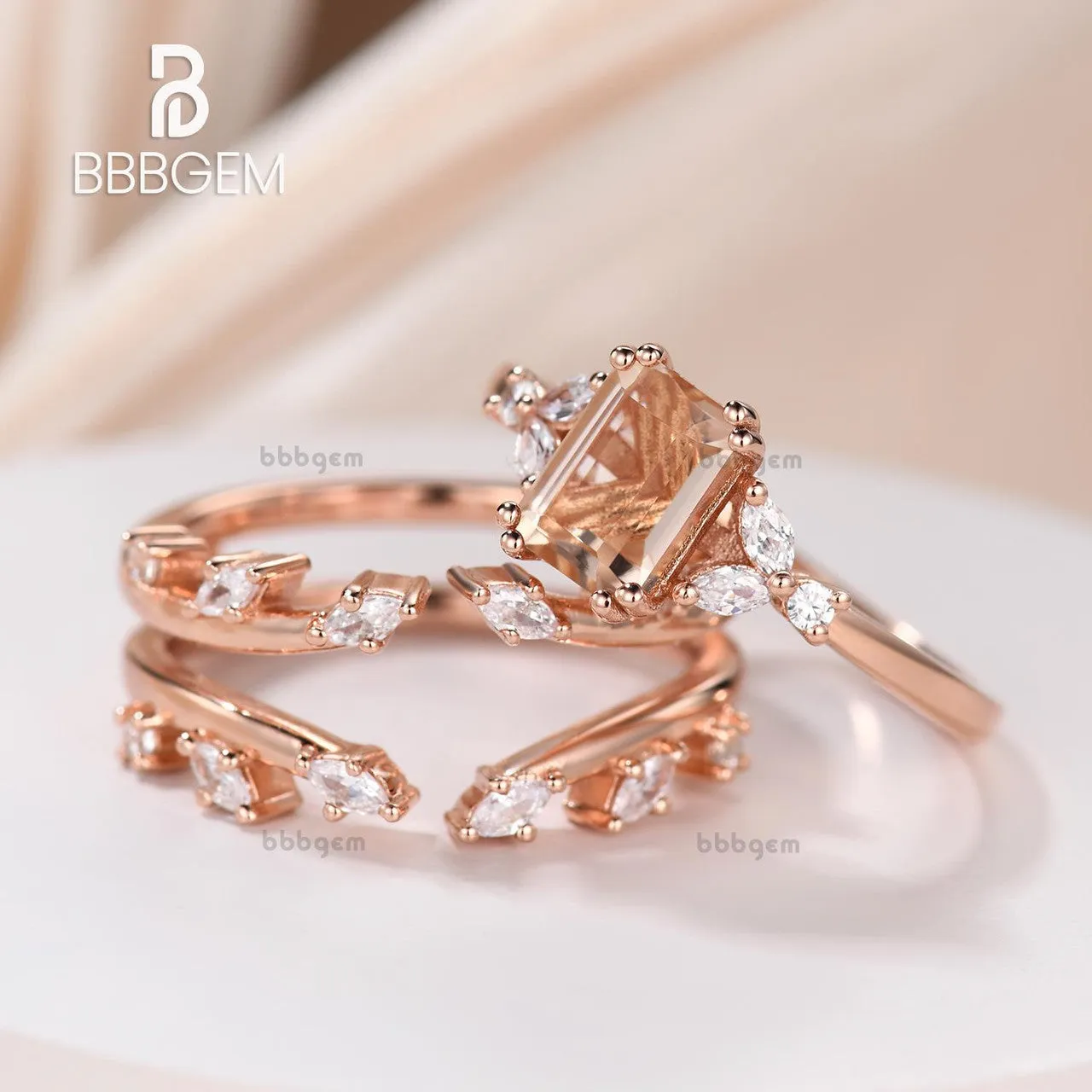 Emerald Cut Natural Morganite Enhancer Ring Set in 14K Rose Gold Marquise Curve Diamond Enhancer Wedding Band