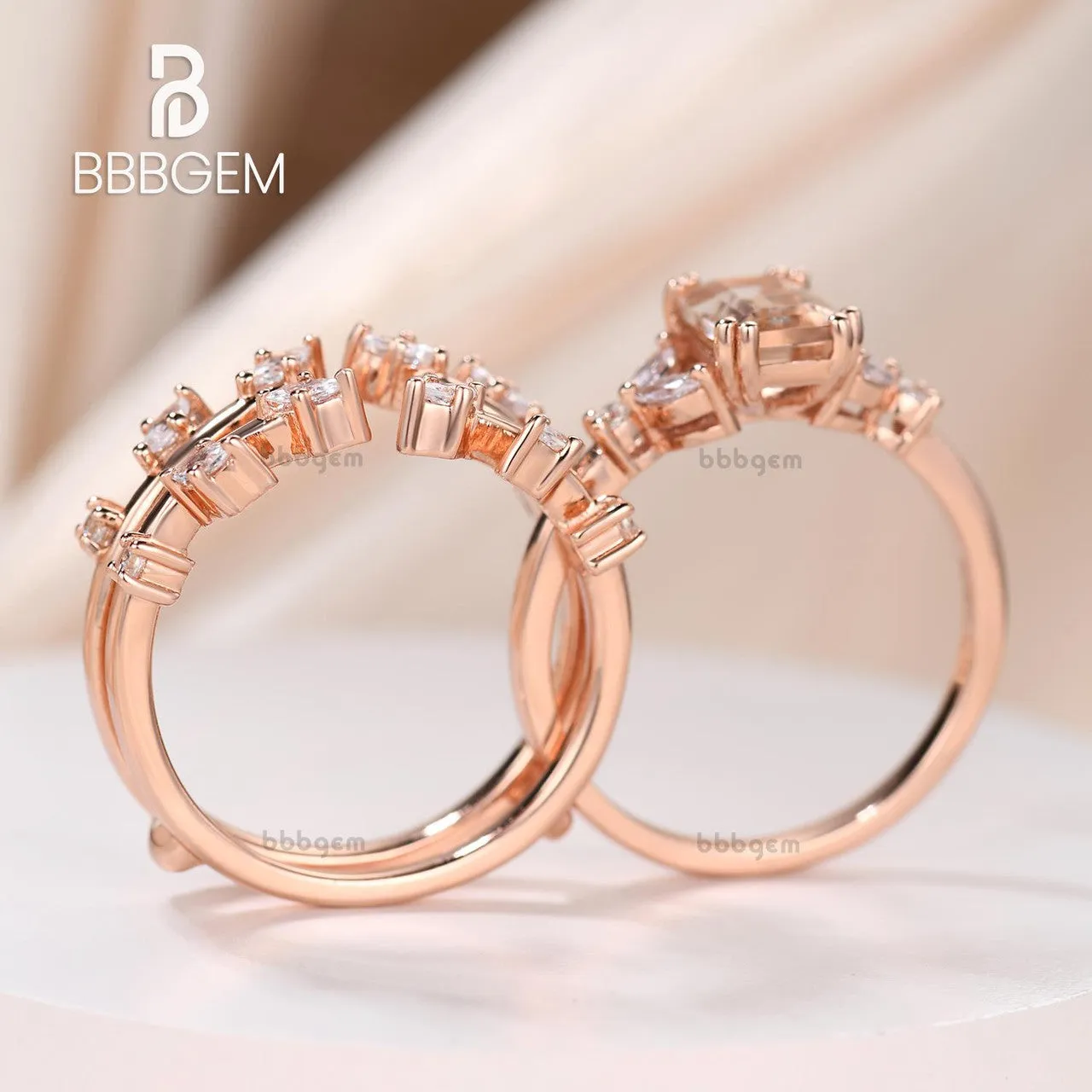 Emerald Cut Natural Morganite Enhancer Ring Set in 14K Rose Gold Marquise Curve Diamond Enhancer Wedding Band