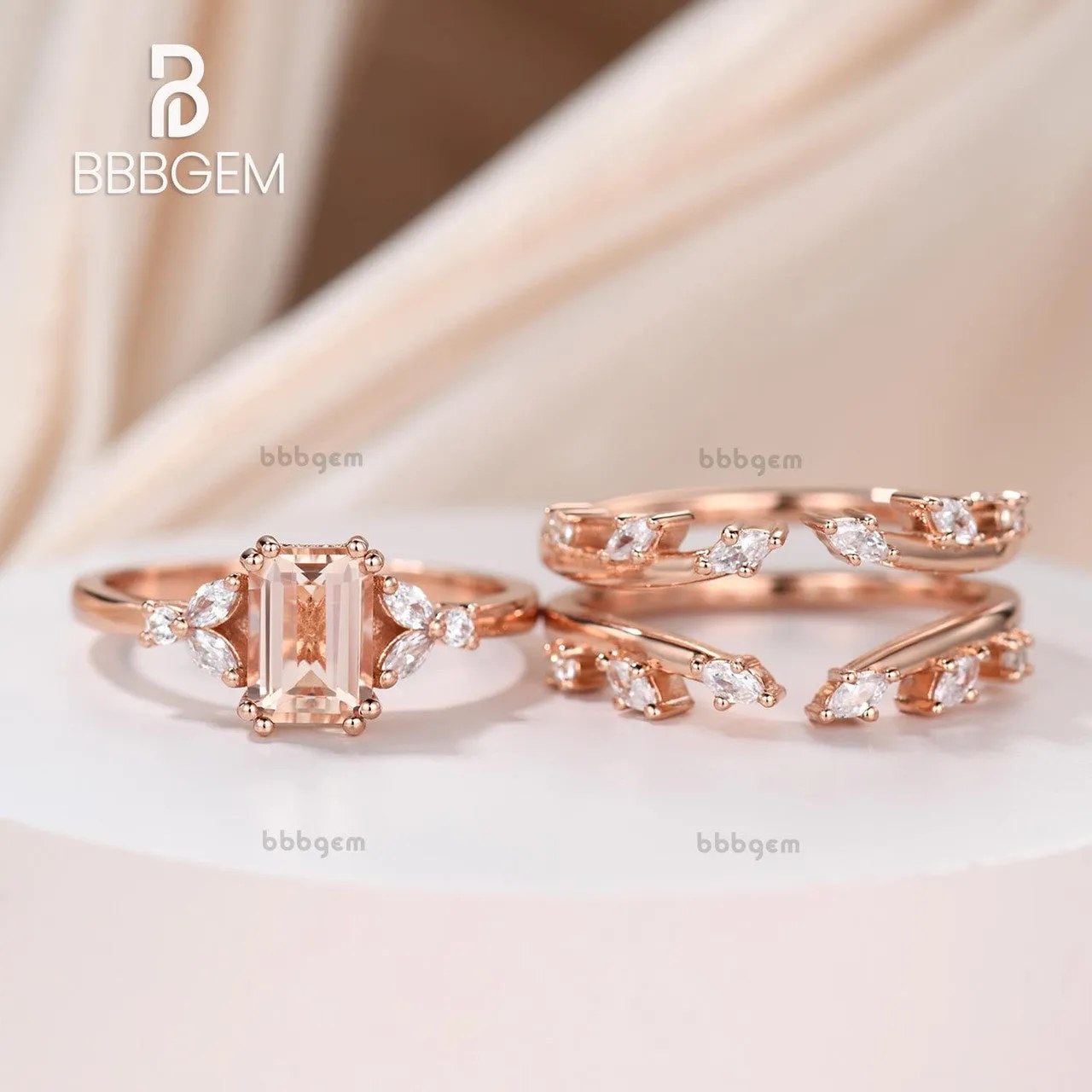 Emerald Cut Natural Morganite Enhancer Ring Set in 14K Rose Gold Marquise Curve Diamond Enhancer Wedding Band