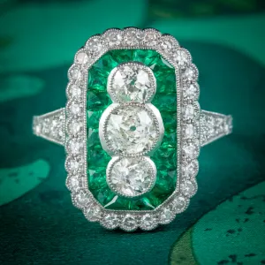 Emerald Diamond Cluster Ring Platinum 2ct of Diamond 1.25ct of Emerald