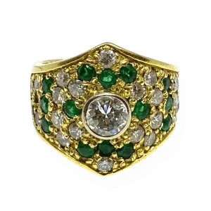 Estate Natural Emerald & Diamond Wide 18K Yellow Gold Ring