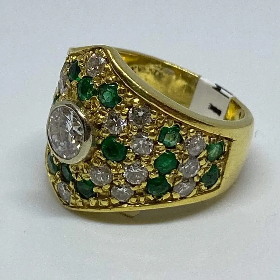 Estate Natural Emerald & Diamond Wide 18K Yellow Gold Ring