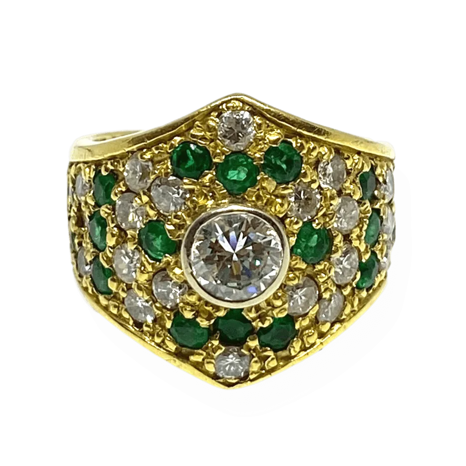 Estate Natural Emerald & Diamond Wide 18K Yellow Gold Ring