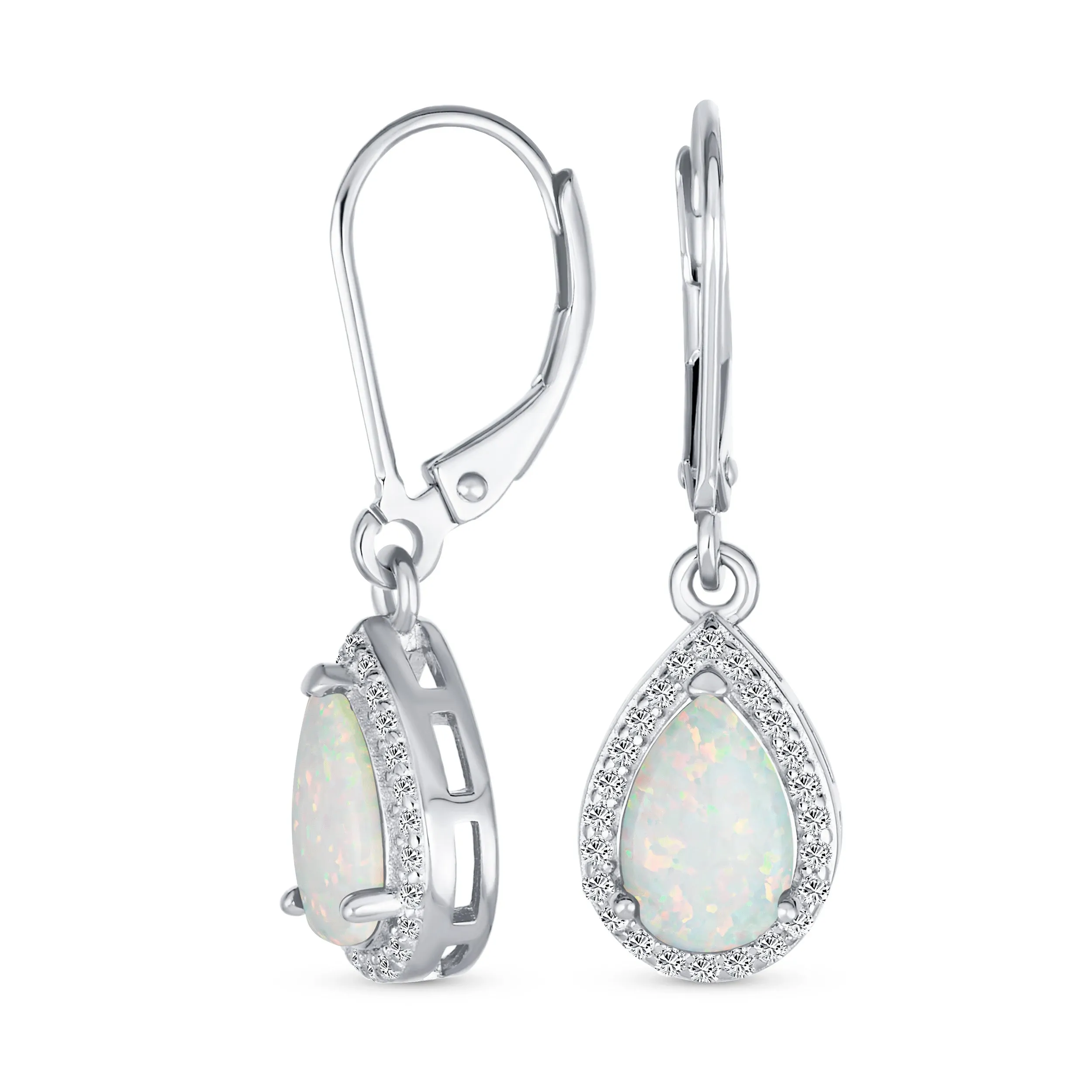 Estate Style Halo CZ Teardrop Solitaire White Opal Drop Earrings Sterling Silver