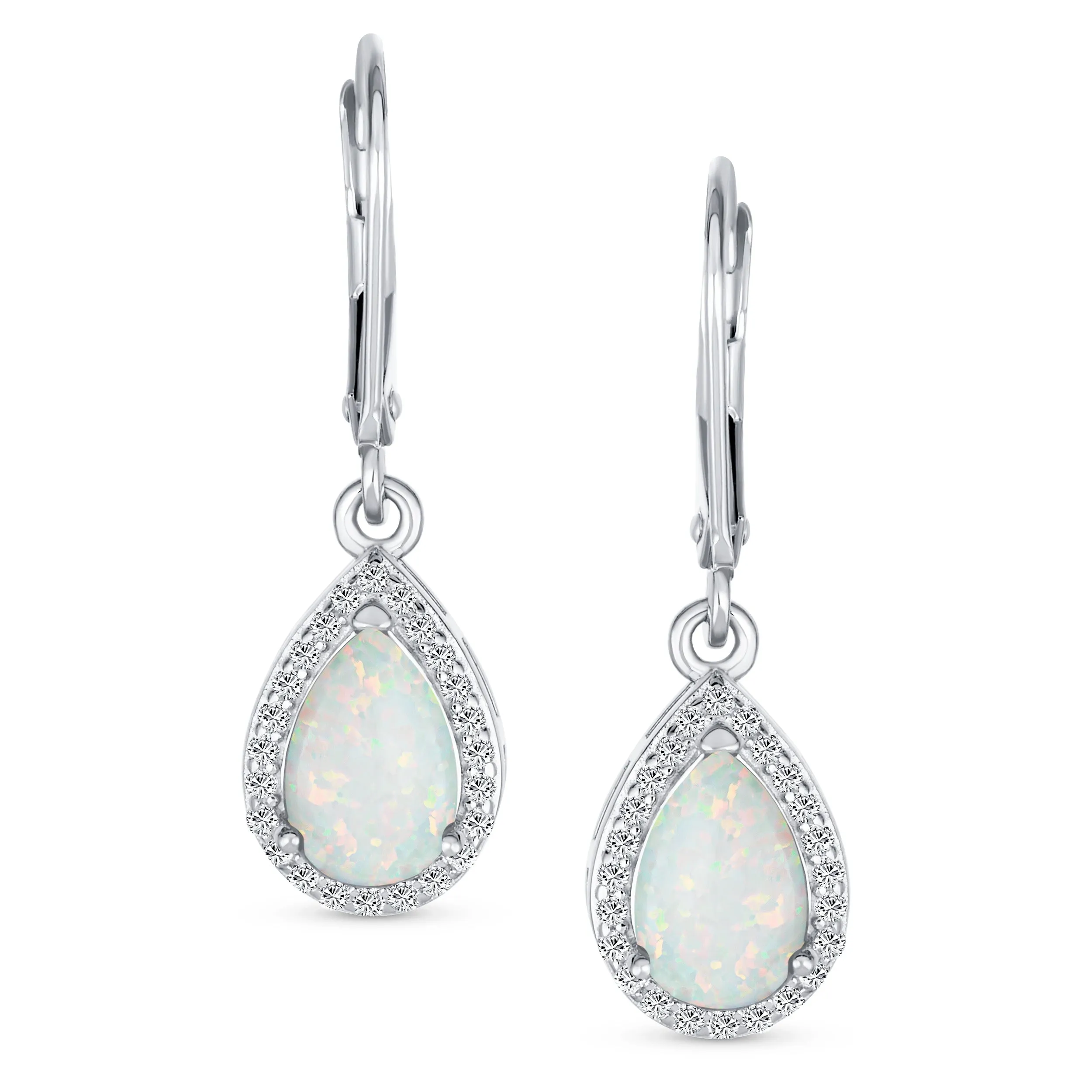 Estate Style Halo CZ Teardrop Solitaire White Opal Drop Earrings Sterling Silver