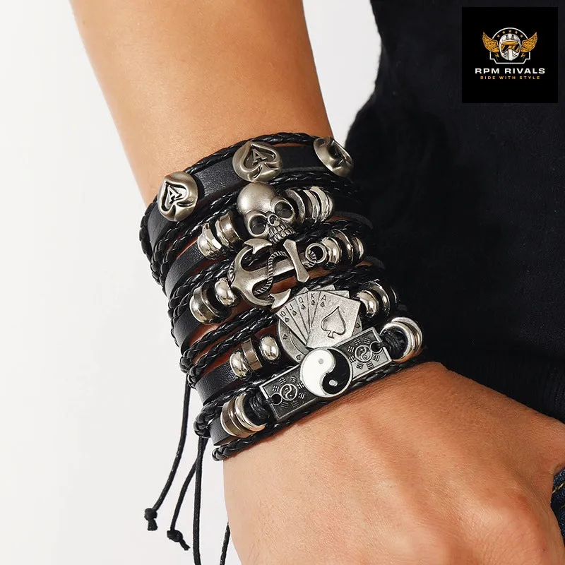 Fashion Bracelet Viking  Bracelet For Men Hand Bracelets Woven Skull Hand Jewelry Adjustable Leather Set Bracelet For Leather