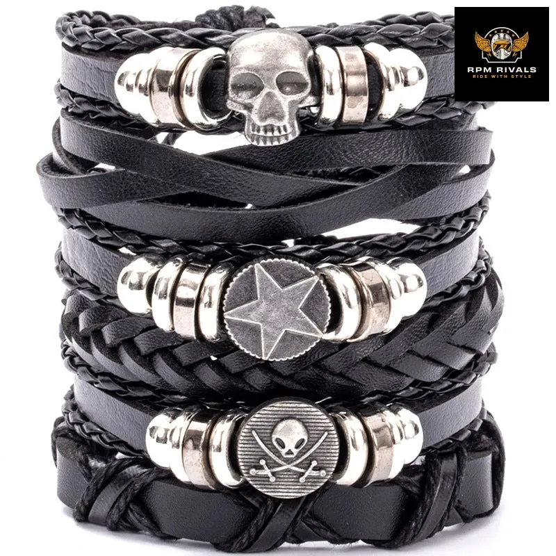 Fashion Bracelet Viking  Bracelet For Men Hand Bracelets Woven Skull Hand Jewelry Adjustable Leather Set Bracelet For Leather