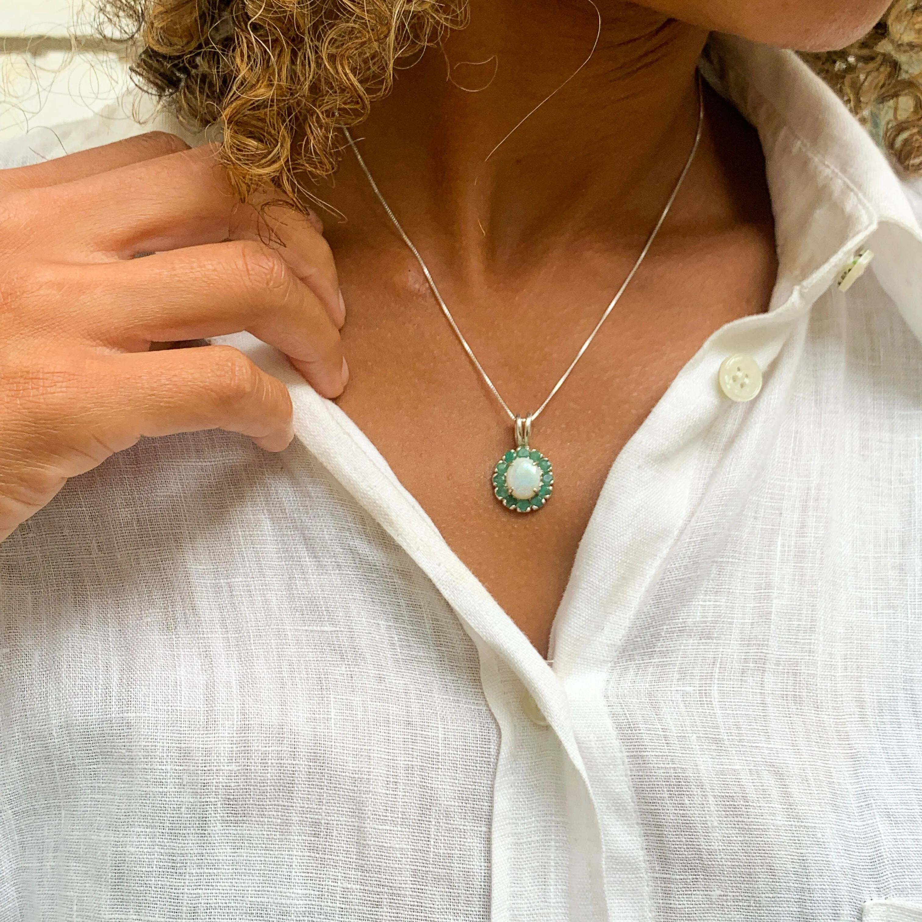 Flower Opal Necklace - Victorian Opal Necklace - Genuine Emerald Pendant