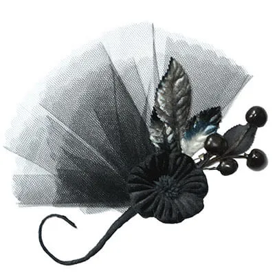 Flower Trim - Black Velvet Flower with Tulle Fan and Black/Silver Leaves