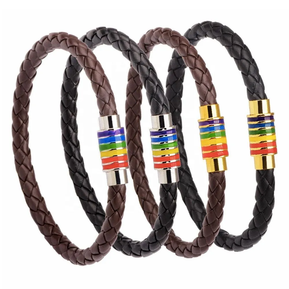 Gay Pride Rainbow Magnetic Bracelet (Brown Leather/Silver Fastener)