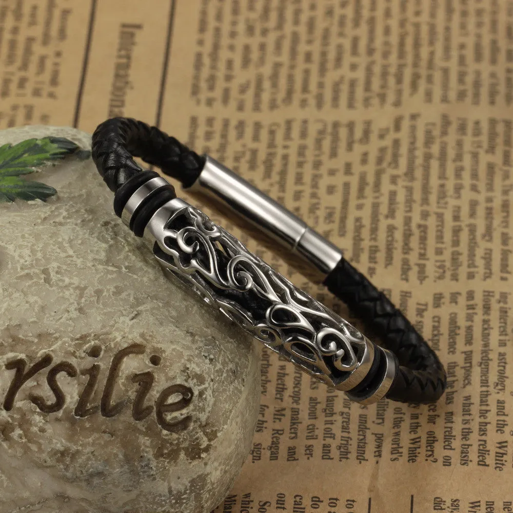 Genuine leather bracelet stainless steel men woven bracelet charm bracelets bangles black bracelet men fashion jewelry