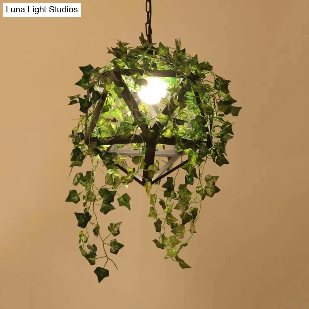 Geometric Metal LED Pendant Light with Plant Decor in Black