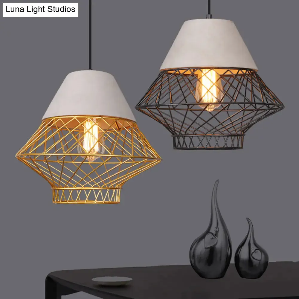 Geometric Pendant Light Fixture with Cage Shade - Vintage Black/Gold - Dining Room Lighting - 11"/13" Width