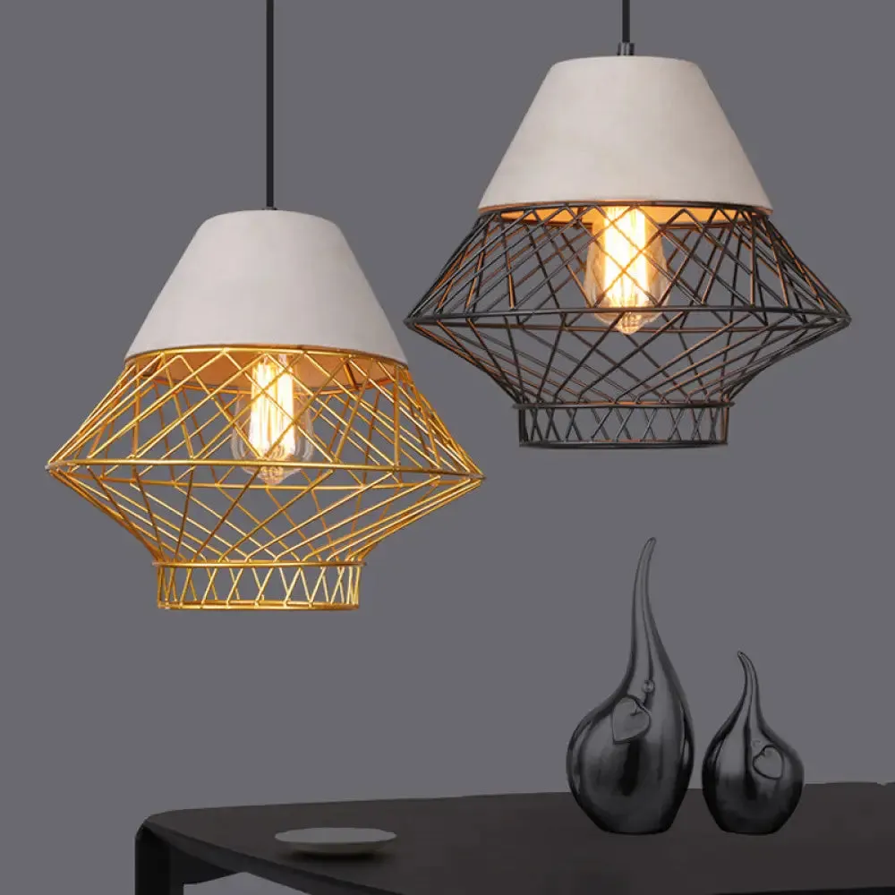 Geometric Pendant Light Fixture with Cage Shade - Vintage Black/Gold - Dining Room Lighting - 11"/13" Width