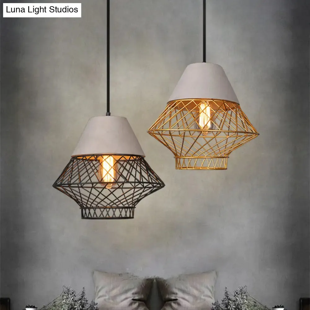 Geometric Pendant Light Fixture with Cage Shade - Vintage Black/Gold - Dining Room Lighting - 11"/13" Width