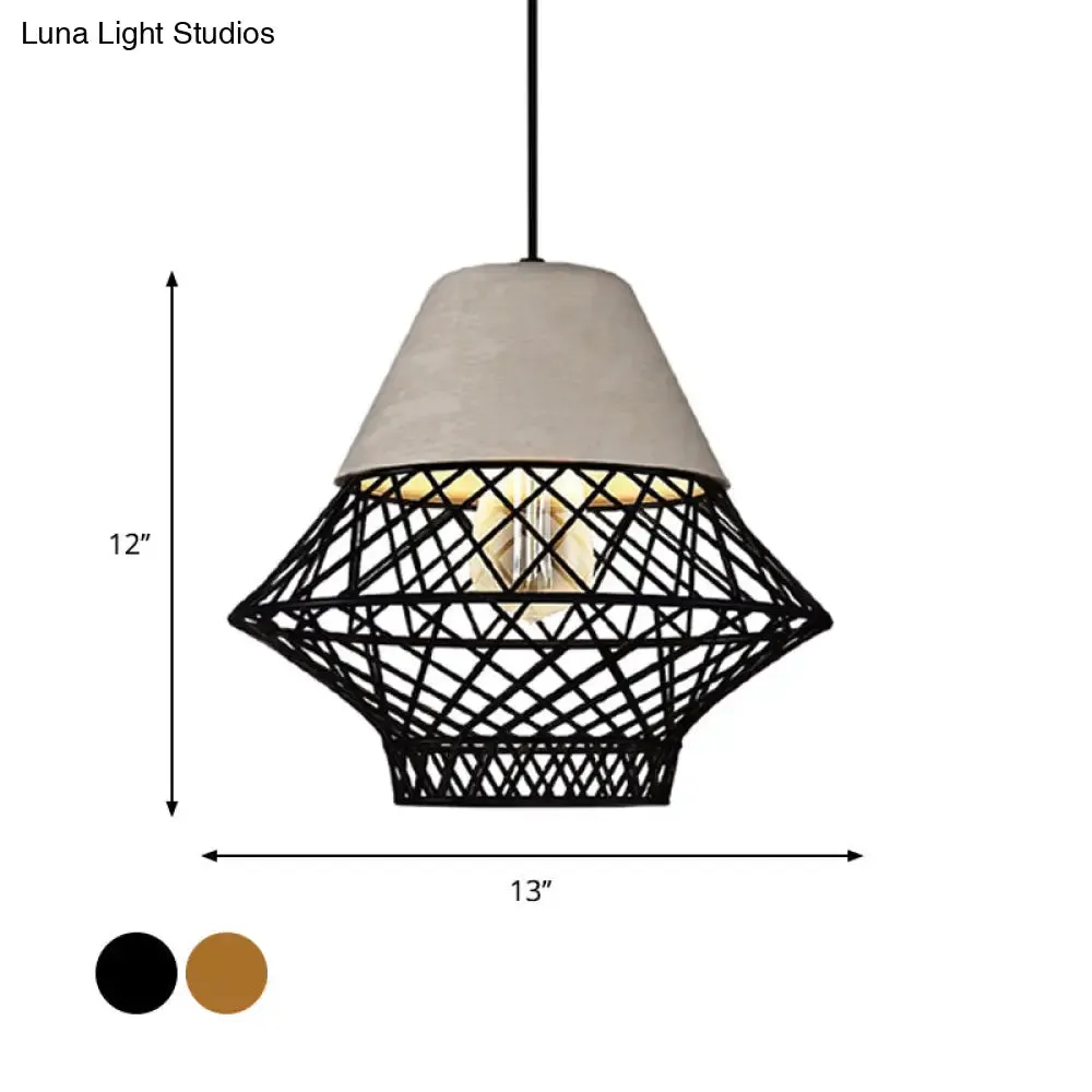 Geometric Pendant Light Fixture with Cage Shade - Vintage Black/Gold - Dining Room Lighting - 11"/13" Width