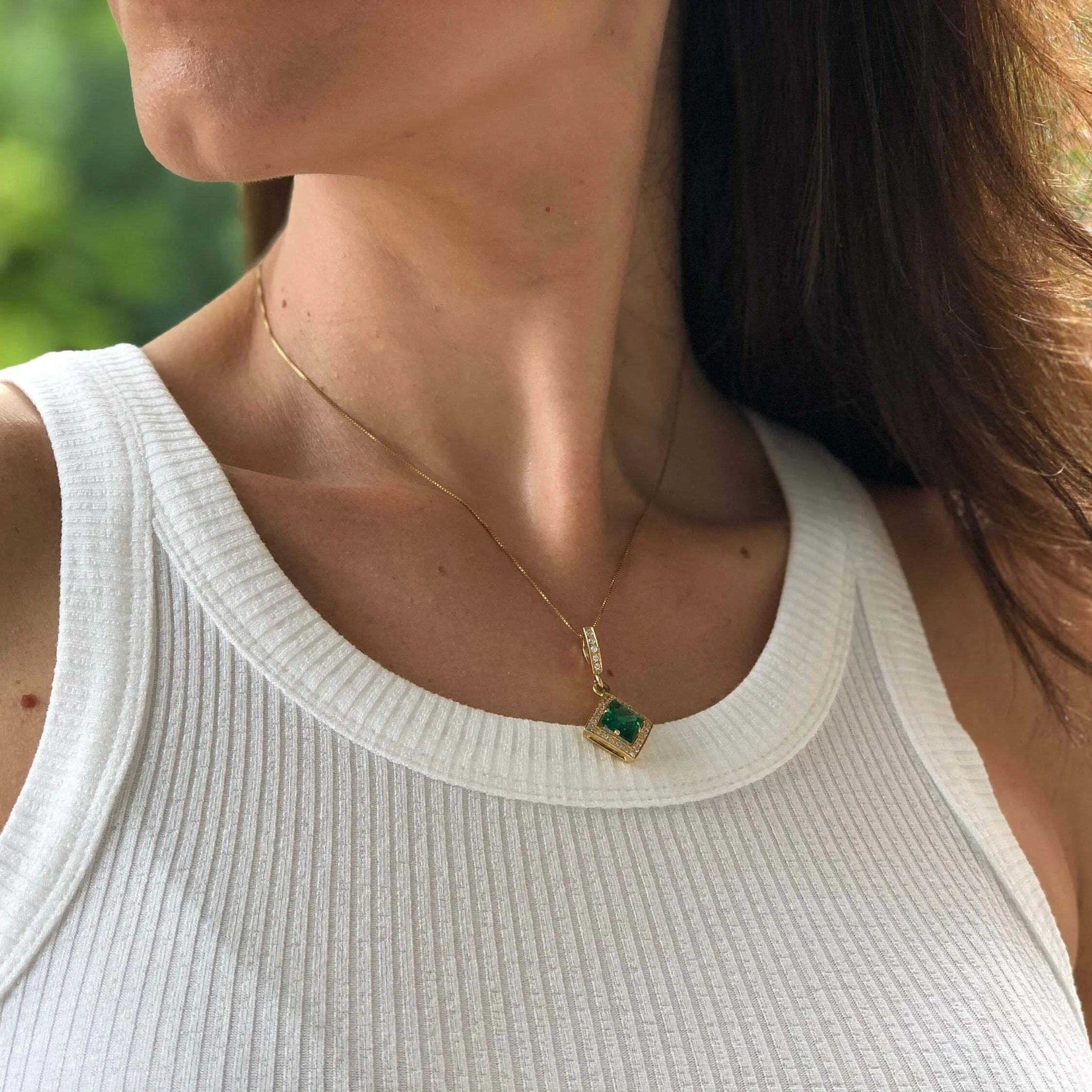 Gold Emerald Pendant - Green Emerald Necklace, Princess Cut Emerald Pendant