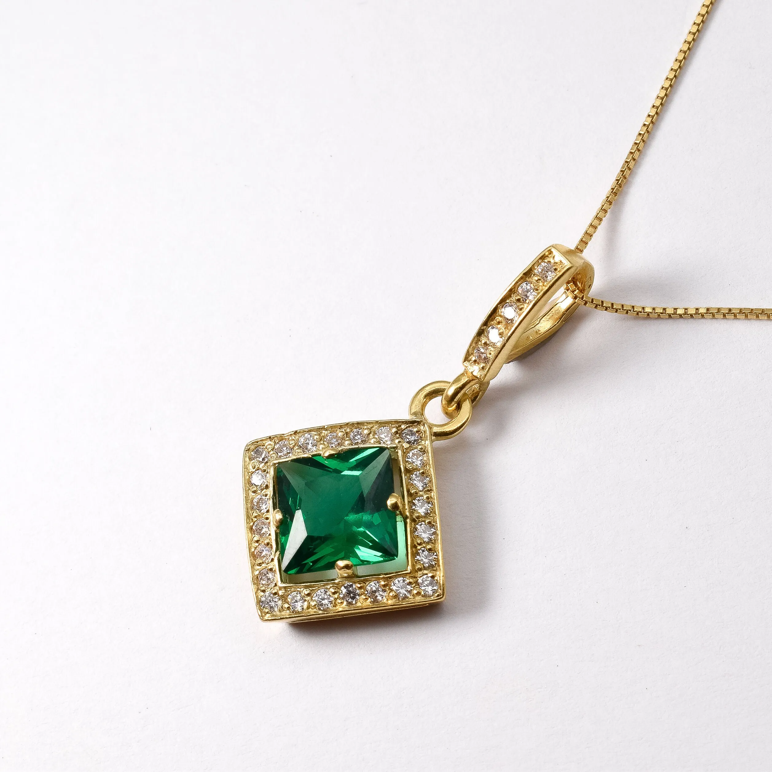 Gold Emerald Pendant - Green Emerald Necklace, Princess Cut Emerald Pendant