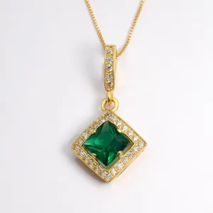 Gold Emerald Pendant - Green Emerald Necklace, Princess Cut Emerald Pendant