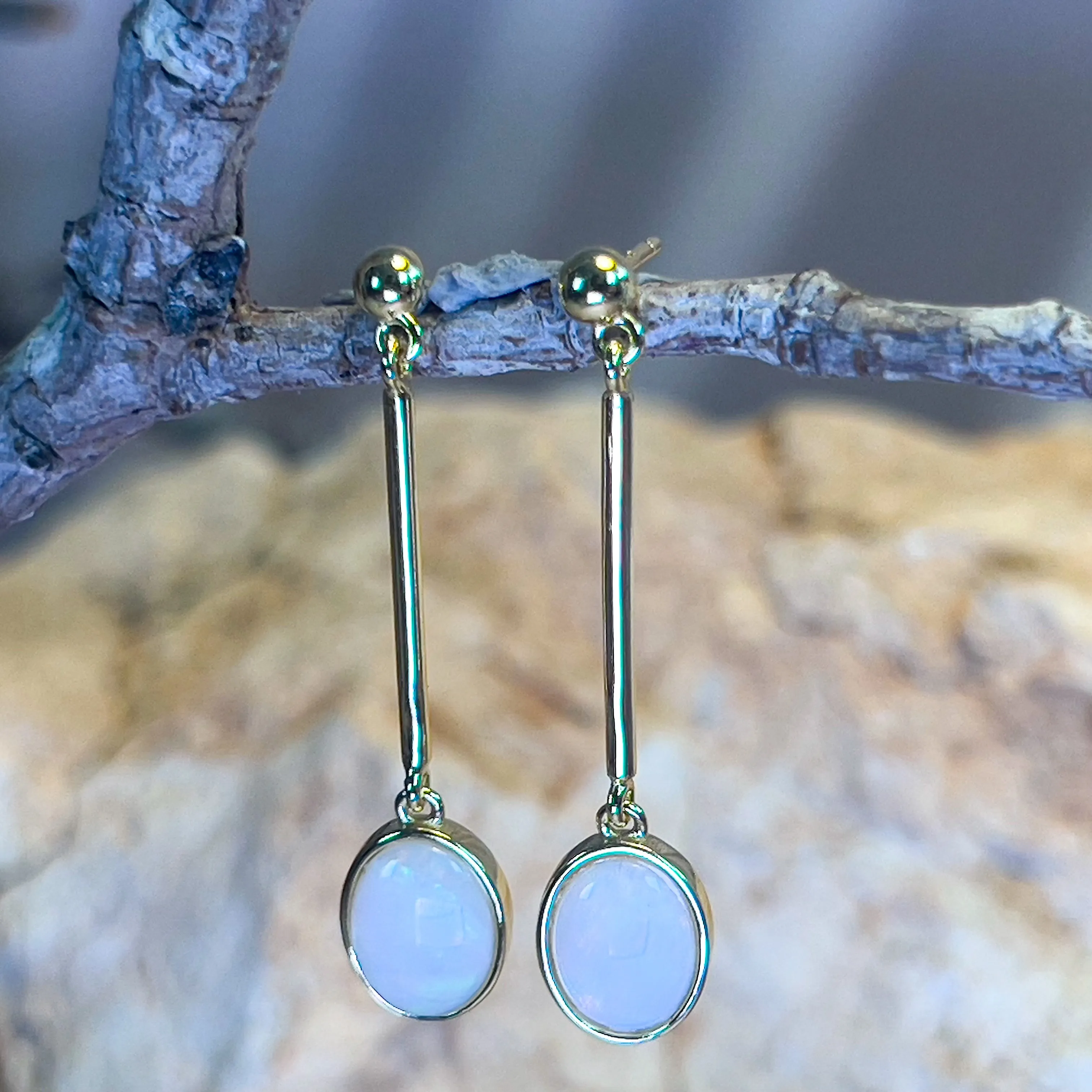 Gold Plated long bar dangling earrings with White Opals 9x7mm